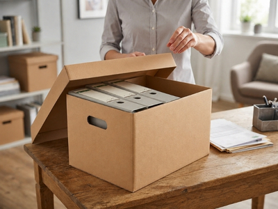 Frau steht vor Archivboxen